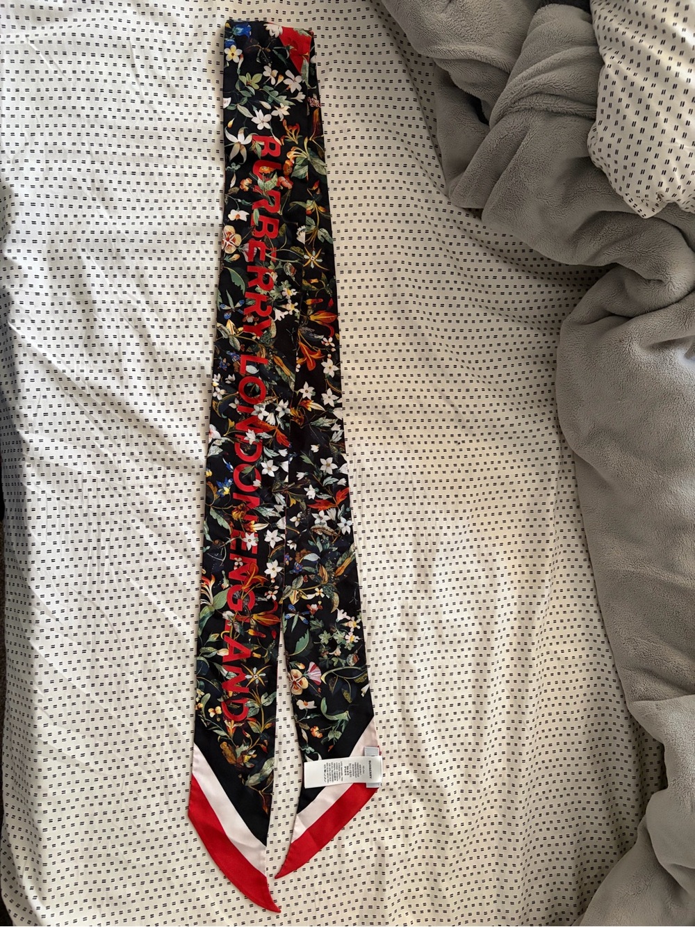 Burberry Floral Silk Skinny Scarf - Black with Red Accents